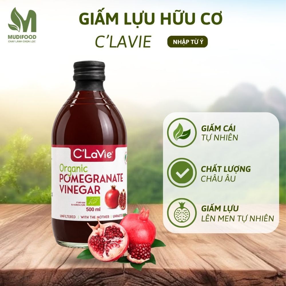 Giấm Lựu Hữu Cơ C'Lavie (Có Giấm Cái) Chai 500ml - Hỗ Trợ Detox Cơ Thể, Tốt Cho Sức Khỏe, Giấm Lên Men Tự Nhiên Nhập Khẩu Ý (GV)