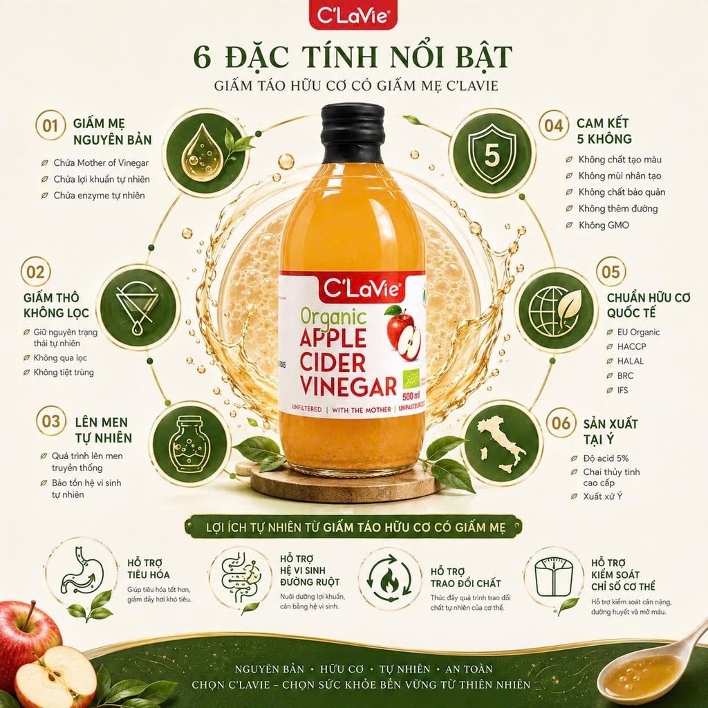 Giấm Táo Hữu Cơ C'Lavie 500ml, 100ml - Giấm Lên Men Tự Nhiên Nhập Khẩu Ý, Có Giấm Cái Hỗ Trợ Giảm Cân, Detox Cơ Thể (GV)