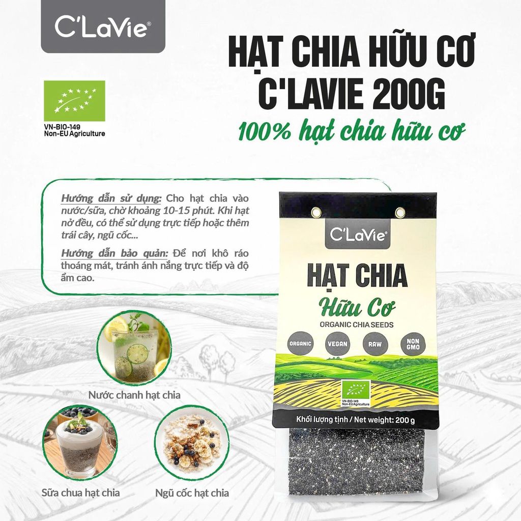 Hạt Chia Hữu Cơ C'lavie Gói 200g - Thực Phẩm Bổ Sung Dinh Dưỡng Cho Mẹ Bầu, Sau Sinh, Người Ăn Chay, Ăn Kiêng, Giảm Cân, Tập Gym, Eat Clean, Hàm Lượng Giàu Protein Và Chất Xơ (CBCL, CX, SPF)y)