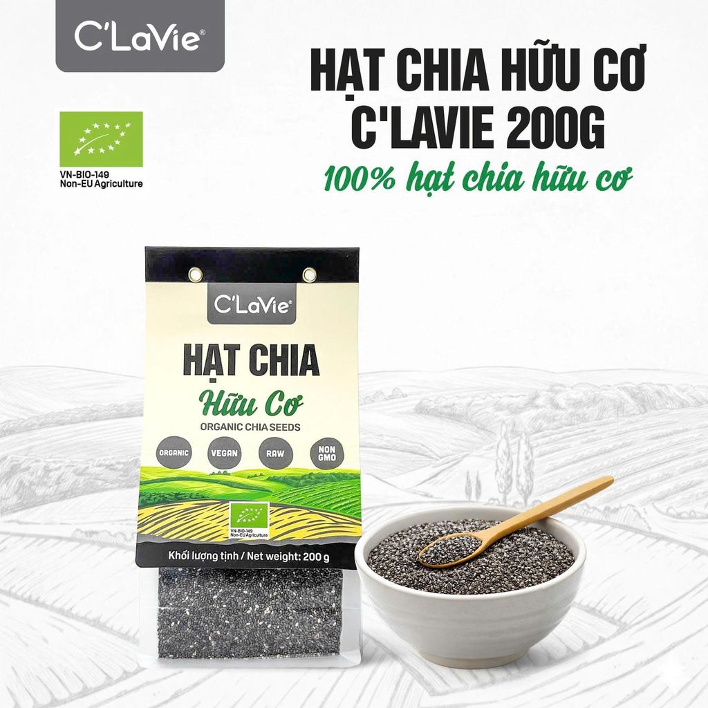 Hạt Chia Hữu Cơ C'lavie Gói 200g - Thực Phẩm Bổ Sung Dinh Dưỡng Cho Mẹ Bầu, Sau Sinh, Người Ăn Chay, Ăn Kiêng, Giảm Cân, Tập Gym, Eat Clean, Hàm Lượng Giàu Protein Và Chất Xơ (CBCL, CX, SPF)y)