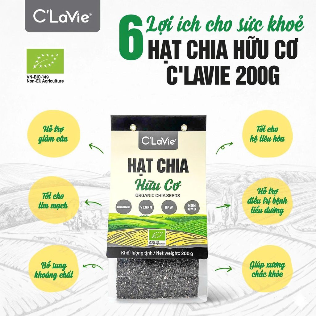 Hạt Chia Hữu Cơ C'lavie Gói 200g - Thực Phẩm Bổ Sung Dinh Dưỡng Cho Mẹ Bầu, Sau Sinh, Người Ăn Chay, Ăn Kiêng, Giảm Cân, Tập Gym, Eat Clean, Hàm Lượng Giàu Protein Và Chất Xơ (CBCL, CX, SPF)y)