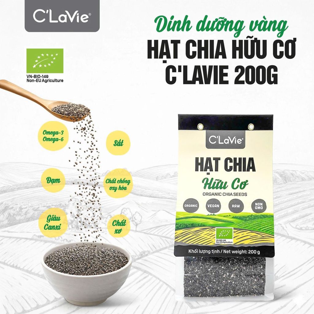 Hạt Chia Hữu Cơ C'lavie Gói 200g - Thực Phẩm Bổ Sung Dinh Dưỡng Cho Mẹ Bầu, Sau Sinh, Người Ăn Chay, Ăn Kiêng, Giảm Cân, Tập Gym, Eat Clean, Hàm Lượng Giàu Protein Và Chất Xơ (CBCL, CX, SPF)y)