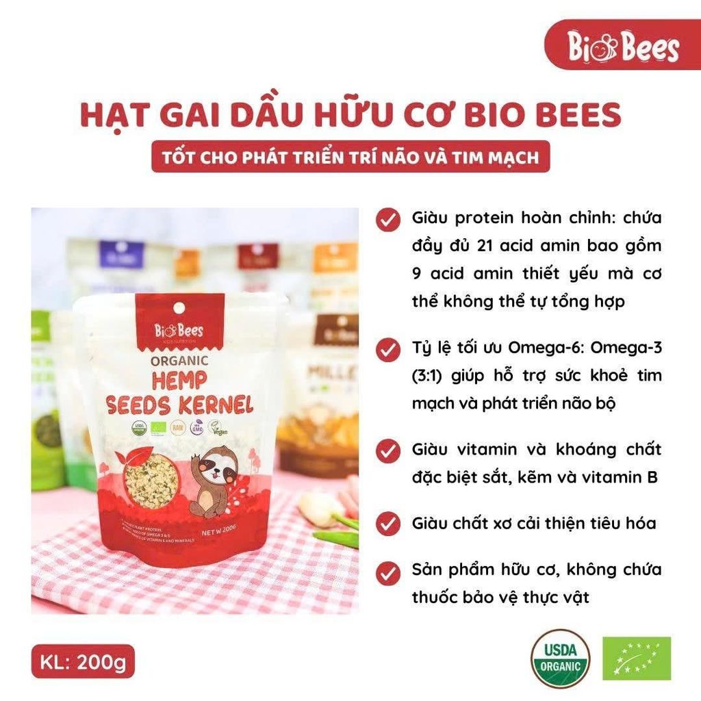 Hạt Gai Dầu Hữu Cơ Đã Tách Vỏ BioBees 200g - Thực Phẩm Bổ Sung Dinh Dưỡng Cho Mẹ Bầu, Sau Sinh, Người Già, Người Tiểu Đường, Ăn Chay, Ăn Kiêng, Healthy, Tốt Cho Tim Mạch Giàu Omega 3-6, Protein Thực Vật, Tốt Cho Tim Mạch & Não Bộ (ĐTV, CBCL, SPF)