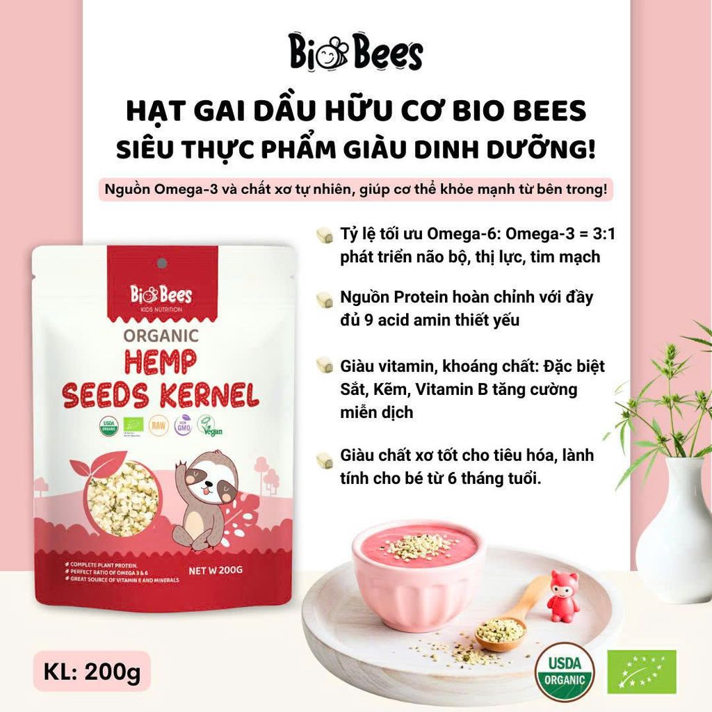 Hạt Gai Dầu Hữu Cơ Đã Tách Vỏ BioBees 200g - Thực Phẩm Bổ Sung Dinh Dưỡng Cho Mẹ Bầu, Sau Sinh, Người Già, Người Tiểu Đường, Ăn Chay, Ăn Kiêng, Healthy, Tốt Cho Tim Mạch Giàu Omega 3-6, Protein Thực Vật, Tốt Cho Tim Mạch & Não Bộ (ĐTV, CBCL, SPF)