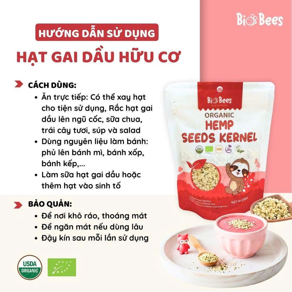 Hạt Gai Dầu Hữu Cơ Đã Tách Vỏ BioBees 200g - Thực Phẩm Bổ Sung Dinh Dưỡng Cho Mẹ Bầu, Sau Sinh, Người Già, Người Tiểu Đường, Ăn Chay, Ăn Kiêng, Healthy, Tốt Cho Tim Mạch Giàu Omega 3-6, Protein Thực Vật, Tốt Cho Tim Mạch & Não Bộ (ĐTV, CBCL, SPF)