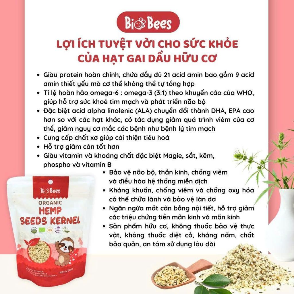 Hạt Gai Dầu Hữu Cơ Đã Tách Vỏ BioBees 200g - Thực Phẩm Bổ Sung Dinh Dưỡng Cho Mẹ Bầu, Sau Sinh, Người Già, Người Tiểu Đường, Ăn Chay, Ăn Kiêng, Healthy, Tốt Cho Tim Mạch Giàu Omega 3-6, Protein Thực Vật, Tốt Cho Tim Mạch & Não Bộ (ĐTV, CBCL, SPF)