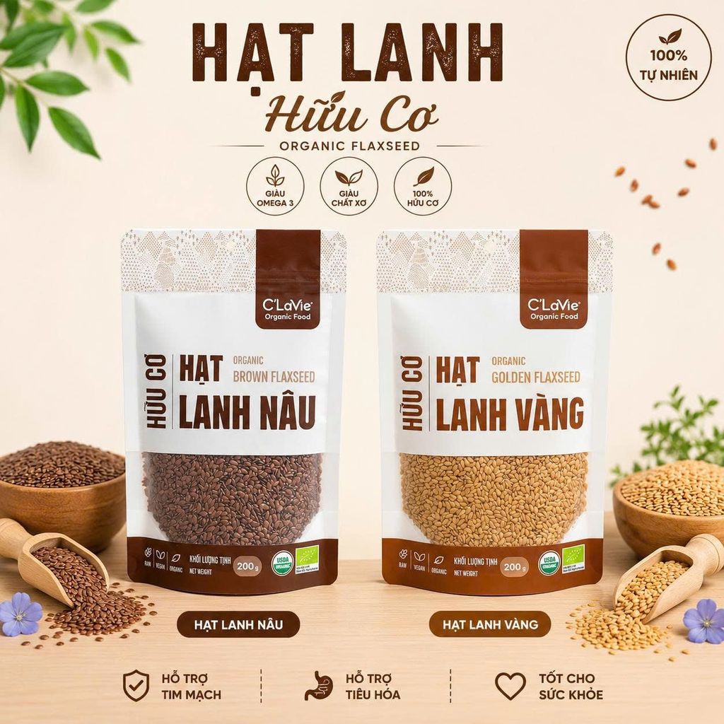 Hạt Lanh Nâu, Vàng Hữu Cơ C'Lavie Gói 200g - Thực Phẩm Bổ Sung Dinh Dưỡng Cho Mẹ Bầu, Sau Sinh, Người Già, Người Tiểu Đường, Ăn Chay, Ăn Kiêng, Healthy, Tốt Cho Tim Mạch Giàu Omega 3-6, Protein Thực Vật (CBCL, SPF, Hạt Và Đậu)