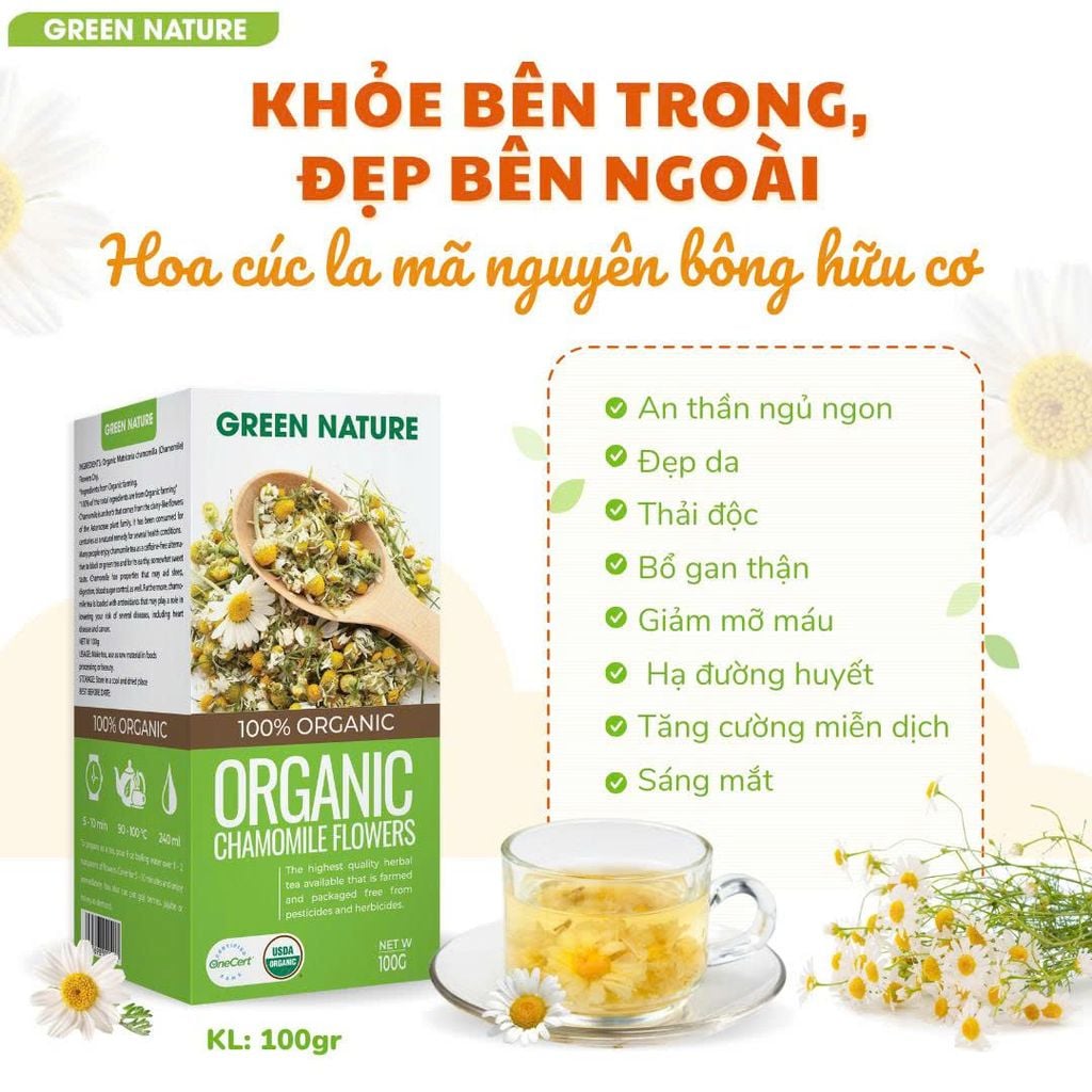 Hoa Cúc La Mã Chamomile Nguyên Bông Hữu Cơ Green Nature 100g - Thanh Nhiệt, Mát Gan, Cải Thiện Giấc Ngủ, Giúp Thư Giãn & Làm Đẹp Da, Tốt Cho Tim Mạch, Giảm Cân, Eatclean, Healthy (Trà)