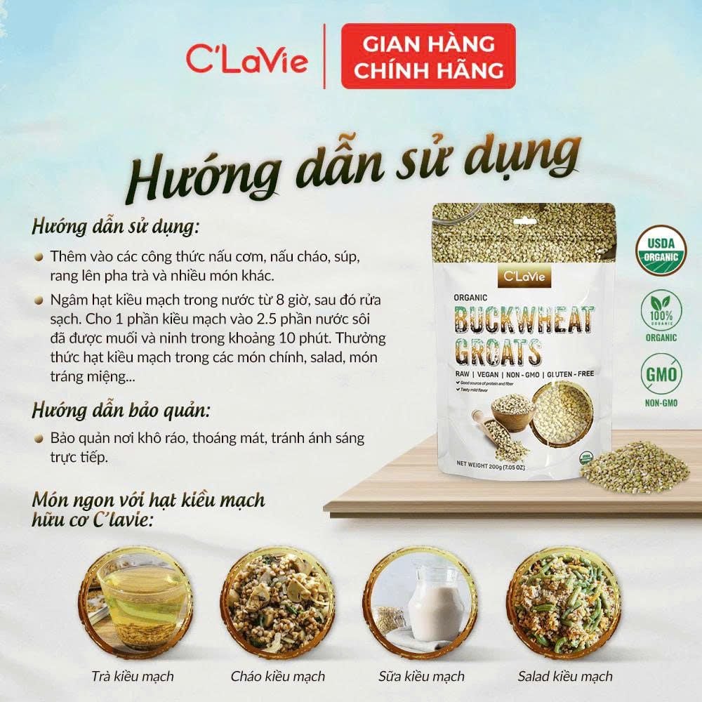 Hạt Kiều Mạch Hữu Cơ C'Lavie Gói 200g - Thực Phẩm Bổ Sung Dinh Dưỡng Cho Mẹ Bầu, Sau Sinh, Người Già, Người Tiểu Đường, Ăn Chay, Ăn Kiêng, Eat Clean, Healthy, Tốt Cho Tim Mạch, Dùng Nấu Sữa Hạt, Chè, Cháo Ăn Dặm Cho Bé (NCNC, CX, Hạt Và Đậu)