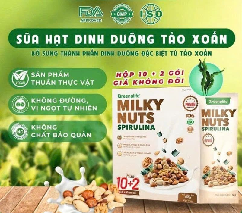 Sữa Hạt Tảo Xoắn Greenalife Milky Nuts Spirulina - Lợi Sữa Cho Mẹ Bầu, Sau Sinh, Dinh Dưỡng Cho Người Tiểu Đường, Người Già, Ăn chay, Ăn Kiêng, Giảm Cân, Eat Clean, Healthy (SH)