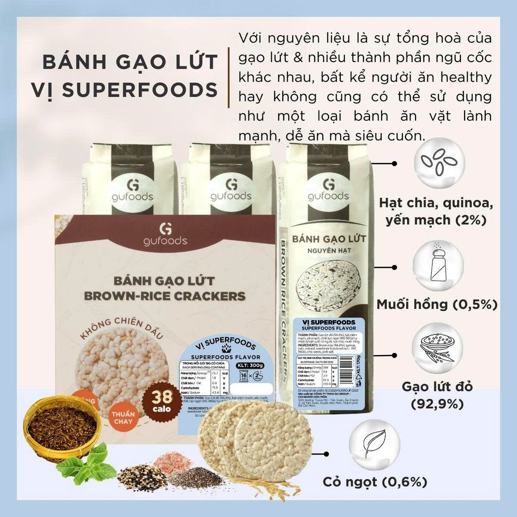 [Vị Superfoods] - Bánh Gạo Lứt Mix Superfoods GUfoods 170g/ 300g - Thực Phẩm Bổ Sung Dinh Dưỡng Cho Mẹ Bầu, Sau Sinh, Người Ăn Chay, Ăn Kiêng, Giảm Cân, Tập Gym, Eat Clean, Hàm Lượng Giàu Protein Và Chất Xơ (Bánh Và Snack Healthy)