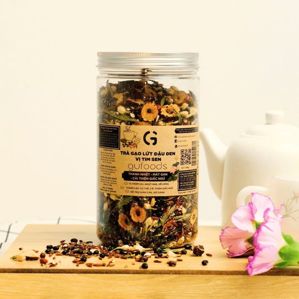 [Vị Tim Sen] - Trà Gạo Lứt Đậu Đen GUfoods Hũ 500g - Thanh Nhiệt, Mát Gan, Cải Thiện Giấc Ngủ, Tốt Cho Tim Mạch, Eatclean, Healthy (Trà)