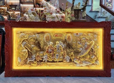 Tranh Mừng Thọ Ông Bà Đồng Vàng Nền Xước Dát Vàng Bạc - Kích Thước 90x170cm