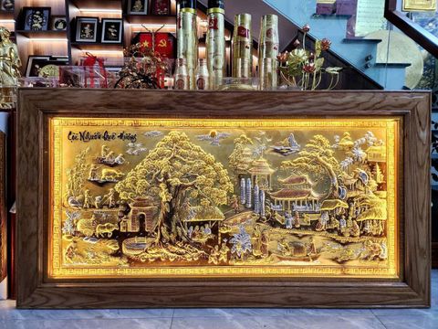 Tranh Cội Nguồn Quê Hương Nền Xước Dát Vàng Dát Bạc Kích Thước 170*90Cm - Khung Trơn Gỗ Sồi