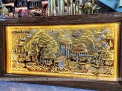 Tranh Cội Nguồn Quê Hương Nền Xước Dát Vàng Dát Bạc Kích Thước 170*90Cm - Khung Trơn Gỗ Sồi