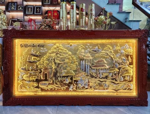 Tranh Cội Nguồn Quê Hương Nền Xước Dát Vàng Dát Bạc Kích Thước 170*90Cm - Khung Hoa Tây Gỗ Sồi
