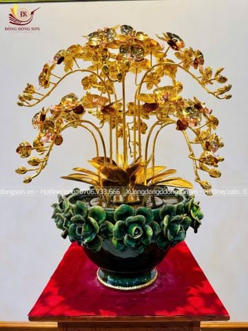 Chậu lan bằng đồng mạ vàng 24K 10 cành- Quà tặng mạ vàng