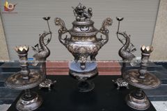 Bộ Đỉnh Đồng Ngũ Sự Đồng Đỏ Khảm Tam Khí Song Long Chầu Nguyệt Cao 60 Cm (hàng VIP có vàng 9999)