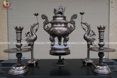 Bộ Đỉnh Đồng Ngũ Sự Đồng Đỏ Khảm Tam Khí Song Long Chầu Nguyệt Cao 60 Cm (hàng VIP có vàng 9999)