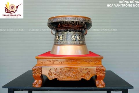 Trống Đồng Đông Sơn Đồng Đỏ Đường Kính 60cm + Đế Hộp Kính - Hoa Văn Ngọc Lũ Họa Tiết Nổi