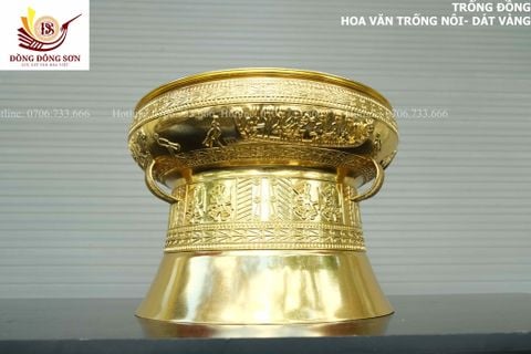 Trống Đồng Đông Sơn Đồng Đỏ, Đường Kính 40cm - Hoa Văn Ngọc Lũ Họa Tiết Nổi Dát Vàng