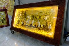 Tranh Mừng Thọ Bằng Đồng, Mừng Thọ Cụ Ông Đồng Vàng Xước Dát - Kích Thước 170x90 Cm, Khung Trơn