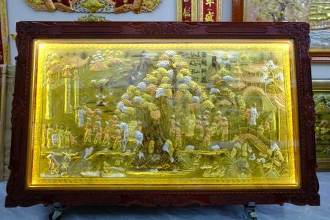 Tranh Đồng Vinh Quy Bái Tổ Đồng Vàng - Kích Thước 255*155Cm Khung Gỗ Sồi
