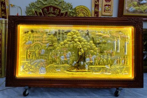 Tranh Đồng Vinh Quy Bái Tổ Đồng Vàng - Kích Thước 230*120Cm Khung Gỗ Sồi