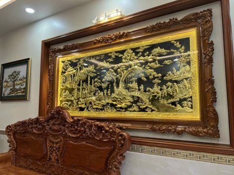 Tranh Đồng Vinh Quy Bái Tổ Đồng Vàng - Kích Thước 275*145Cm Khung Gỗ Gõ