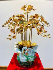 Chậu lan bằng đồng mạ vàng 24K 8 cành chậu hình thiên nga đắp nổi