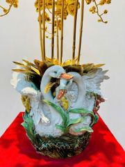 Chậu lan bằng đồng mạ vàng 24K 8 cành chậu hình thiên nga đắp nổi