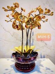Chậu lan bằng đồng mạ vàng 24K 5 cành thân giả cổ