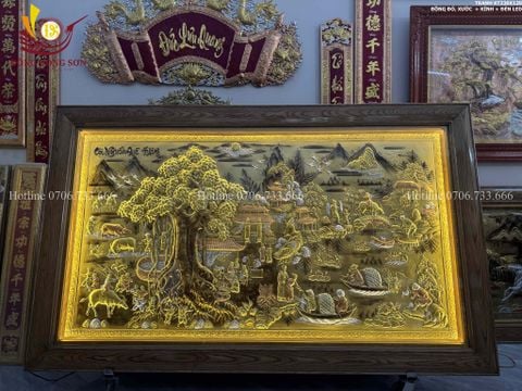 Tranh Đồng Quê Cội Nguồn Quê Hương Nền Vàng Cạo Xước Khung Trơn KT 255 -155cm