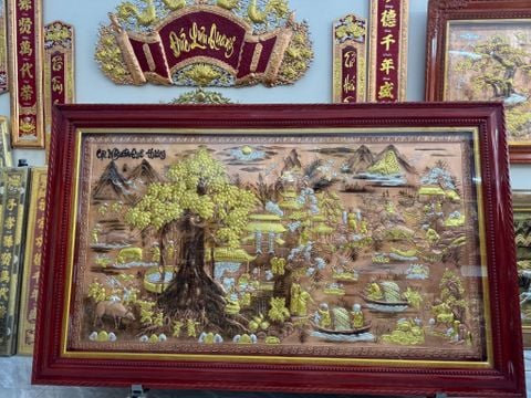 Tranh Cội Nguồn Quê Hương Đồng Đỏ Cạo Xước Dát Vàng Khung Trơn Xoắn KT 255 -155cm