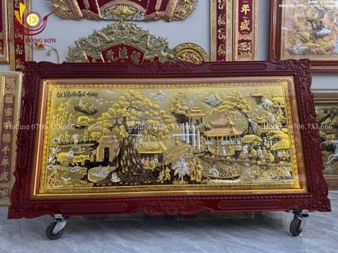 Tranh Đồng Quê Cội Nguồn Quê Hương Nền Vàng Dát Tam Khí - Khung Hoa Tây KT 230*120cm