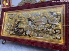 Tranh Đồng Quê Cội Nguồn Quê Hương Nền Vàng Dát Tam Khí - Khung Hoa Tây KT 230*120cm
