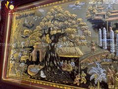 Tranh Đồng Quê Cội Nguồn Quê Hương Nền Vàng Dát Tam Khí - Khung Hoa Tây KT 230*120cm