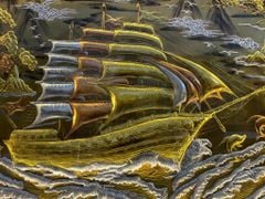 Tranh Thuận Buồm Xuôi Gió- Đồng Vàng Xước Khảm Tam Khí - Kích Thước 255*155 Khung Sồi