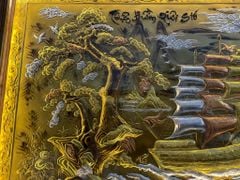 Tranh Thuận Buồm Xuôi Gió- Đồng Vàng Xước Khảm Tam Khí - Kích Thước 255*155 Khung Sồi