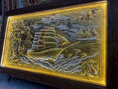 Tranh Thuận Buồm Xuôi Gió- Đồng Vàng Xước Khảm Tam Khí - Kích Thước 255*155 Khung Sồi