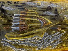 Tranh Thuận Buồm Xuôi Gió - Đồng Vàng Xước Khảm Tam Khí - Kích Thước 230*120 Khung Sồi