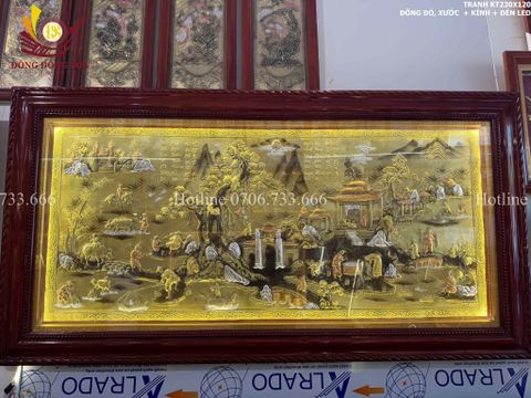 Tranh Đồng Quê Cội Nguồn Quê Hương Nền Vàng Dát Tam Khí - Khung Trơn KT 230*120cm