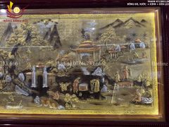 Tranh Đồng Quê Cội Nguồn Quê Hương Nền Vàng Dát Tam Khí - Khung Trơn KT 230*120cm