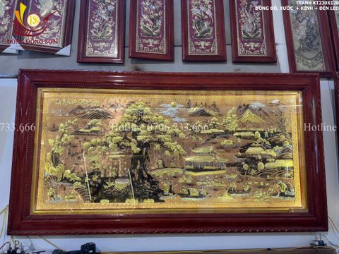 Tranh Đồng Quê Cội Nguồn Quê Hương Nền Đỏ Dát Tam Khí - Khung Trơn KT 230*120cm