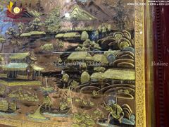 Tranh Đồng Quê Cội Nguồn Quê Hương Nền Đỏ Dát Tam Khí - Khung Trơn KT 230*120cm