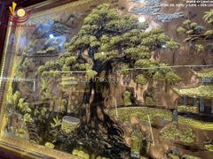 Tranh Đồng Quê Cội Nguồn Quê Hương Nền Đỏ Dát Tam Khí - Khung Trơn KT 230*120cm