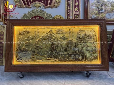 Tranh Đồng Quê Cội Nguồn Quê Hương Nền Vàng Giả Cổ - Khung Trơn KT 230*120cm