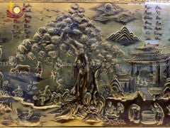 Tranh Đồng Quê Cội Nguồn Quê Hương Nền Vàng Giả Cổ - Khung Trơn KT 230*120cm