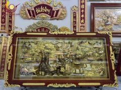 Tranh Đồng Quê Cội Nguồn Quê Hương Nền Vàng Cạo Xước - Khung Hoa Tây Dát Vàng KT 230*120cm