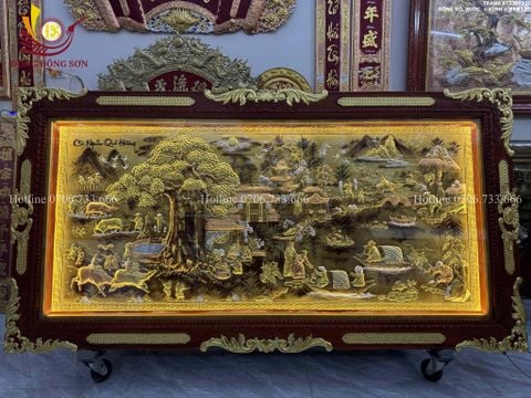 Tranh Đồng Quê Cội Nguồn Quê Hương Nền Vàng Cạo Xước - Khung Hoa Tây Dát Vàng KT 230*120cm